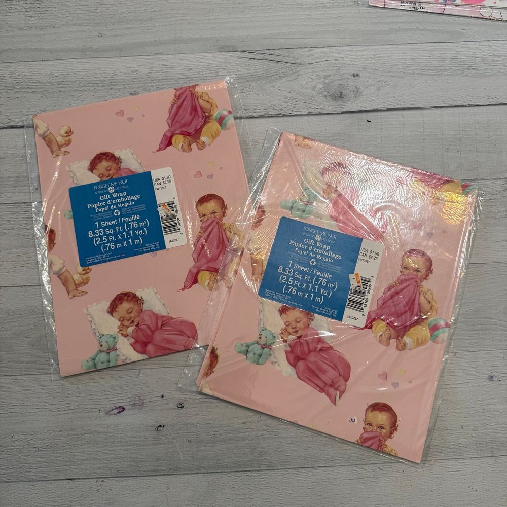 American greetings vintage pink babies wrapping paper‎ NEW